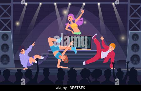 Scena di ballo. musica da dj sul palco e break ballerini in posa d'azione Illustrazione Vettoriale