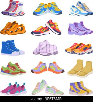 Scarpe sportive. Sneakers atletiche colorate per calzature Vector Exact maschili e femminili Illustrazione Vettoriale
