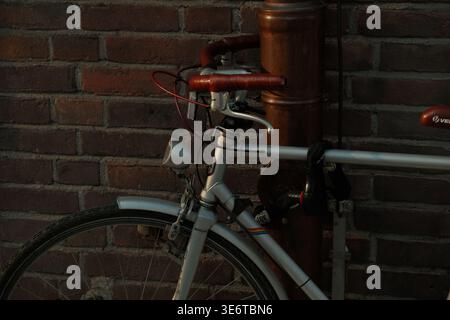 Primo piano di una bicicletta d'epoca in argento con manubri in pelle rossa bloccati contro una parete di mattoni, illuminati da una calda luce dorata in un ambiente urbano Foto Stock