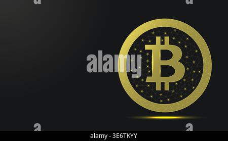 Simbolo bitcoin dorato a reticolo in poliestere basso su sfondo scuro. Illustrazione Vettoriale