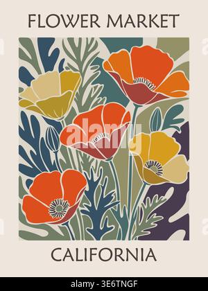 Poster con i papaveri fioriscono il mercato dei fiori della California Illustrazione Vettoriale