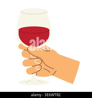 sorseggiando a mano un bicchiere di vino rosso, degustazione di vini, celebrazione, raffinata atmosfera culinaria - illustrazione vettoriale Illustrazione Vettoriale