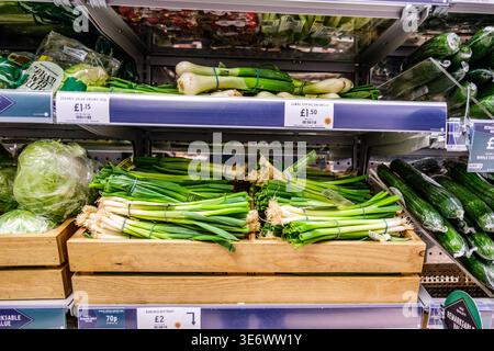 Epsom, Londra Regno Unito, 8 aprile 2026, selezione di insalata Jumbo fresca e cipolle primaverili di verdure Foto Stock