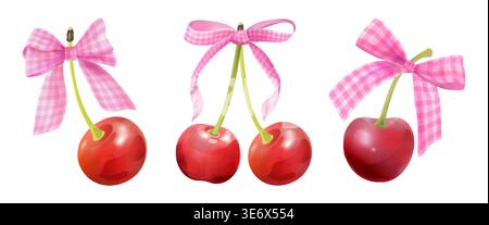 Acquerello ciliegia. Fiocco rosa su frutta rossa succosa. Estetica elegante e decorata o dolce chic vintage. Bacche mature carine con bastoncini e nastri legati. Set di elementi di disegno isolati dal vettore Illustrazione Vettoriale