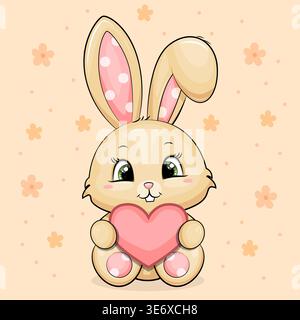 Adorabile e soffice personaggio Cartoon Bunny con cuore rosso. Illustrazione vettoriale dell'animale su un morbido sfondo di colore pesca con fiori. Illustrazione Vettoriale