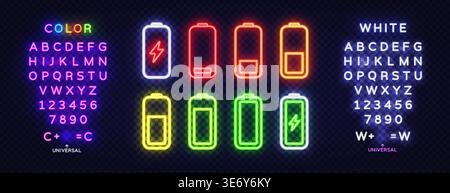 Le icone dell'alfabeto neon e della carica della batteria si illuminano di colori vivaci. Lettere, numeri e indicatori di energia elettrici luminosi su trasparente scuro Illustrazione Vettoriale