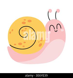Simpatica lumaca cartoni animati. Design per bambini. Illustrazione vettoriale in stile piatto, isolata su sfondo bianco. Illustrazione Vettoriale
