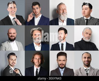 Ampia collezione di ritratti maschili. Uomini di età diverse Foto Stock