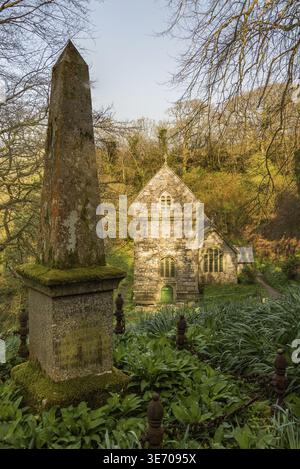 Antica chiesa parrocchiale normanna nel bosco di Minster, Boscastle, Cornovaglia, Inghilterra, Regno Unito Foto Stock