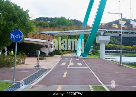 Una pista ciclabile lungo il fiume passa sotto il ponte Simnidaebat a Ulsan, dove supporti color verde acqua, passaggi pedonali rampicanti e linee di demarcazione delle corsie formano un pulito corride ciclabile Foto Stock