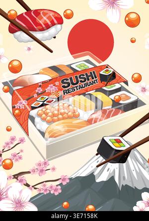 Illustrazione vettoriale piatta di una scatola di sushi bento con fiori di ciliegio e Monte Fuji Illustrazione Vettoriale