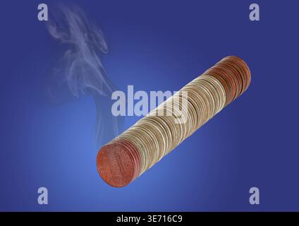 Illustrazione concettuale di una sigaretta che brucia denaro creato da un macro focus immagine impilata di una sigaretta fatta da una pila di monete con fumo aggiunto Foto Stock