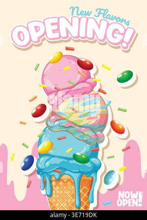 Vivace illustrazione vettoriale di palline da gelato impilate con guarnizioni di caramelle per la promozione di apertura del negozio Illustrazione Vettoriale