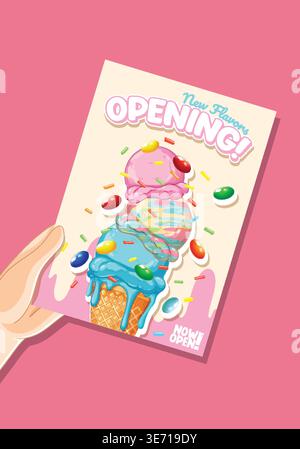 Una mano regge un volantino colorato per aprire una gelateria con palline vivaci Illustrazione Vettoriale