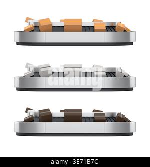 Set di nastri trasportatori per l'aeroporto o di aree di ritiro bagagli con scatole di cartone o cartoni su sfondo bianco. rendering 3d del concetto di vacanza di viaggio o Foto Stock