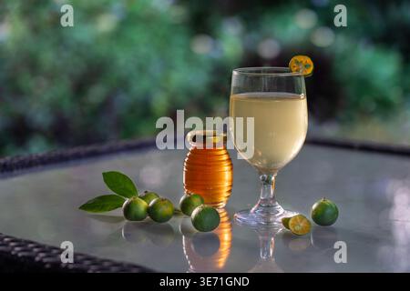 Succo di calamansi caldo con miele servito in un bicchiere trasparente insieme alla frutta fresca di calamondina e un vaso di miele su una superficie di marmo. Foto Stock