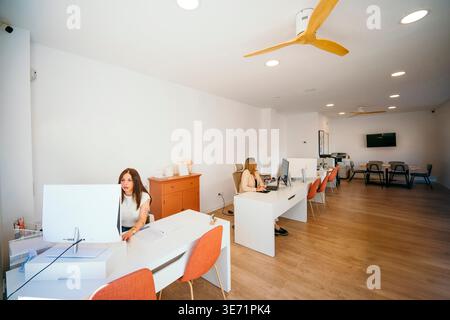 Due donne che lavorano al computer in un ufficio luminoso e moderno con pavimenti in legno Foto Stock