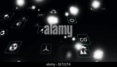 Cluster mobile che visualizza icone ambientali in un cruscotto virtuale scuro, con riquadri CO2 e potenza. Glifi, pannelli, neon, olografici, digitali, motore Foto Stock