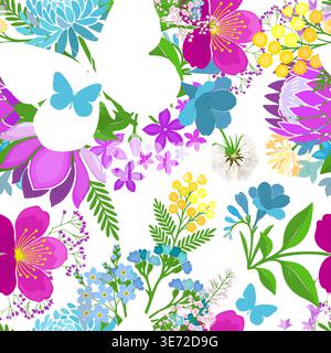 Motivo senza cuciture con fiori di colore primaverile. Disegnato a mano. Non ai, illustrazione vettoriale. Illustrazione Vettoriale