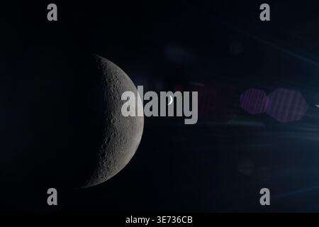 Art002e015228 (6 aprile 2026) - visto da dietro la Luna durante Artemide II, la Luna e la Terra si allineano nello stesso fotogramma, ognuna parzialmente illuminata dal Sole. La superficie della Luna appare con dettagli nitidi in primo piano, mentre la Terra si trova molto più lontano, più piccola e delicatamente illuminata sullo sfondo. È inoltre visibile un debole riflesso nella finestra del veicolo spaziale, che sovrapporrà delicatamente la scena. Anche se le loro fasi differiscono, entrambe sono modellate dalla stessa luce solare, rivelando la geometria del sistema Sole-Terra-Luna dallo spazio profondo. Credito: NASA Foto Stock
