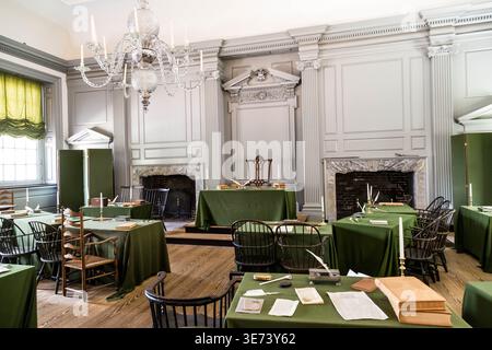 All'interno della sala dell'Assemblea dell'Independence Hall, Philadelphia, dove furono firmate la dichiarazione di indipendenza e la Costituzione degli Stati Uniti Foto Stock