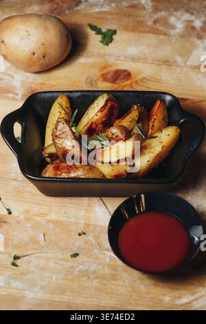 Patate croccanti arrostite con rosmarino in un piatto di ceramica nera servito con ketchup di pomodoro su un rustico tavolo in legno. Foto Stock