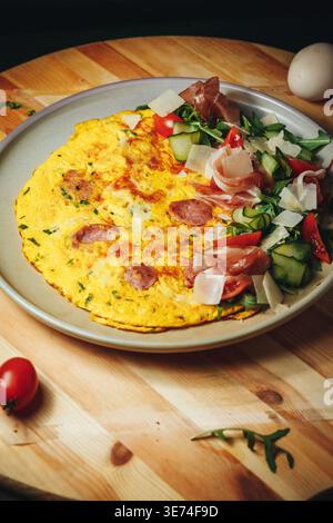 Deliziosa omelette da colazione con fette di salsiccia servita con un'insalata fresca di rucola prosciutto parmigiano e pomodori ciliegini su un tavolo di legno. Foto Stock