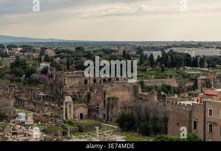 vista panoramica aerea panoramica del foro Romano in primavera, Roma, Italia Foto Stock