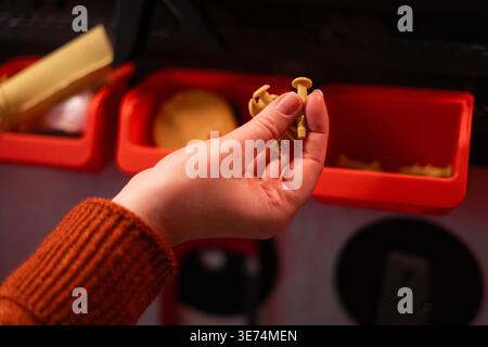 tasselli in plastica nella mano femminile. Organiser per scatole rosso per viti e tasselli. Primo piano Foto Stock