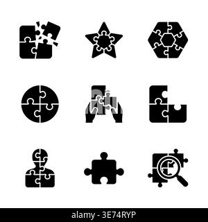 Set di icone Glyph nere di Puzzle Pieces su sfondo bianco Illustrazione Vettoriale