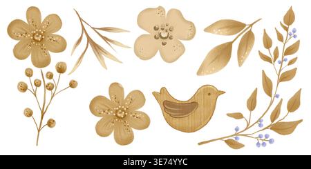 Set di illustrazioni floreali con fiori beige, foglie, rami e un uccello di legno. Stile ad acquerello dalla texture morbida in tonalità neutre. Foto Stock