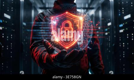 Lo scudo digitale blocca il sistema di difesa dagli attacchi informatici nell'ambiente server. Foto Stock