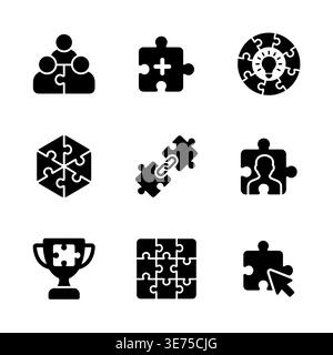 Illustrazione in stile glifo nero con le icone dei puzzle Illustrazione Vettoriale