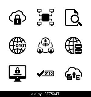 Set di icone di sicurezza e dati in nero su bianco Illustrazione Vettoriale