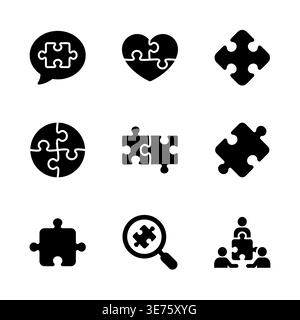 Set di icone glifi a pezzi di puzzle, risoluzione dei problemi e concetto di lavoro di squadra Illustrazione Vettoriale