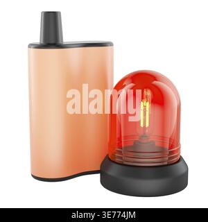 Allarme Vape con sirena rossa di allarme di emergenza. Pericolo di svapo e allarme di salute, concetto. rendering 3d isolato su sfondo bianco Foto Stock