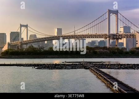 Rainbow Bridge che attraversa la baia di Tokyo con lo skyline della città durante il tramonto dell'ora d'oro Foto Stock