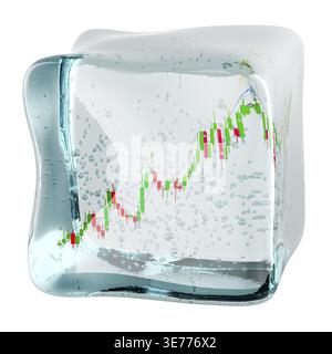 Cubo di ghiaccio che racchiude un grafico a candeliere che simboleggia i beni congelati, il rallentamento del mercato e la crescita del raffreddamento, rendering 3d isolato su sfondo bianco Foto Stock