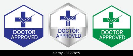 Set di badge medici approvati dal medico con icone di segno di spunta e croce – etichette di certificazione sanitaria, sigillo di qualità della farmacia, simbolo di approvazione clinica, Illustrazione Vettoriale