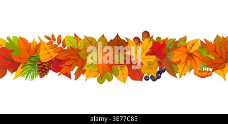Le foglie autunnali confinano con bacche autunnali, coni di pino e ghiande. Divisorio vettoriale cartoni animati con foglie di foresta colorate. Accogliente cornice stagionale di garland autunnale per le festività del raccolto del Ringraziamento Illustrazione Vettoriale