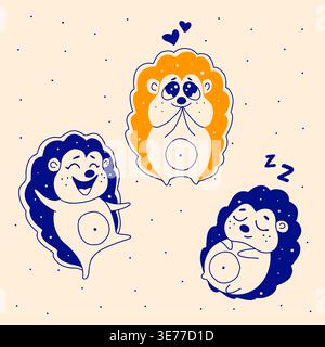 Simpatici personaggi di riccio ambiati su sfondo chiaro con emozioni diverse Illustrazione Vettoriale