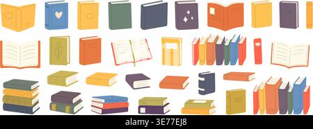 Ampia raccolta vettoriale di libri in varie posizioni e stili. Illustrazione educativa colorata e giocosa Illustrazione Vettoriale
