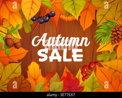 Striscione autunnale con fogliame autunnale brillante, frutti di bosco, coni di pino, ghiande di quercia e foglie autunnali. Buono promozionale per cartoni animati vettoriali, offerta speciale per lo shopping in negozi, centri commerciali e mercati Illustrazione Vettoriale