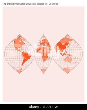 Mappa del mondo. Proiezione sinusoidale interrotta. Stile country. Mappa mondiale dettagliata per infografiche, istruzione, report e presentazioni. Illustrazione Vettoriale