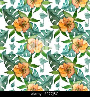 Acquerello disegnato a mano con motivo senza cuciture caratterizzato da vivaci fiori tropicali arancioni e lussureggianti foglie verdi di Monstera. Questa elegante texture botanica è Foto Stock