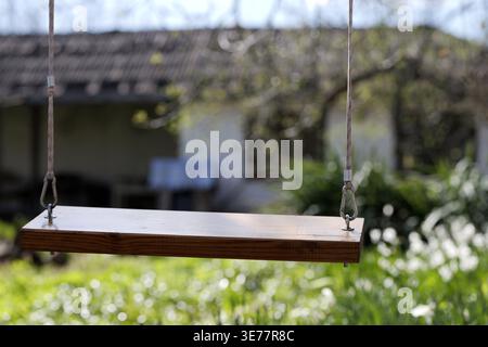 Primo piano di un sedile altalena in legno sospeso da corde in un giardino, con sfondo sfocato di erba e fiori sotto la luce naturale della primavera 2026 Foto Stock