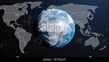Globo terrestre 3D rotante che visualizza i contorni della mappa nello spazio, con marcatori esadecimali e sovrapposizioni HUD Foto Stock