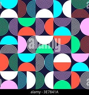 Ripetizione geometrica vibrante con cerchi e semicerchi su sfondo scuro illustrazione vettoriale Illustrazione Vettoriale