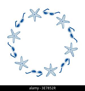 Cornice estiva con stelle marine e occhiali da sole, bordo vettoriale rotondo per tessere vacanza, logo e design tropicale Illustrazione Vettoriale