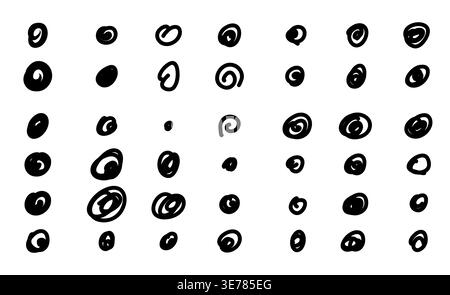 Set di elementi disegnati a mano con cerchi irregolari, tratti di inchiostro e tracciati, perfetto per punti elenco, evidenziazioni e Illustrazione Vettoriale